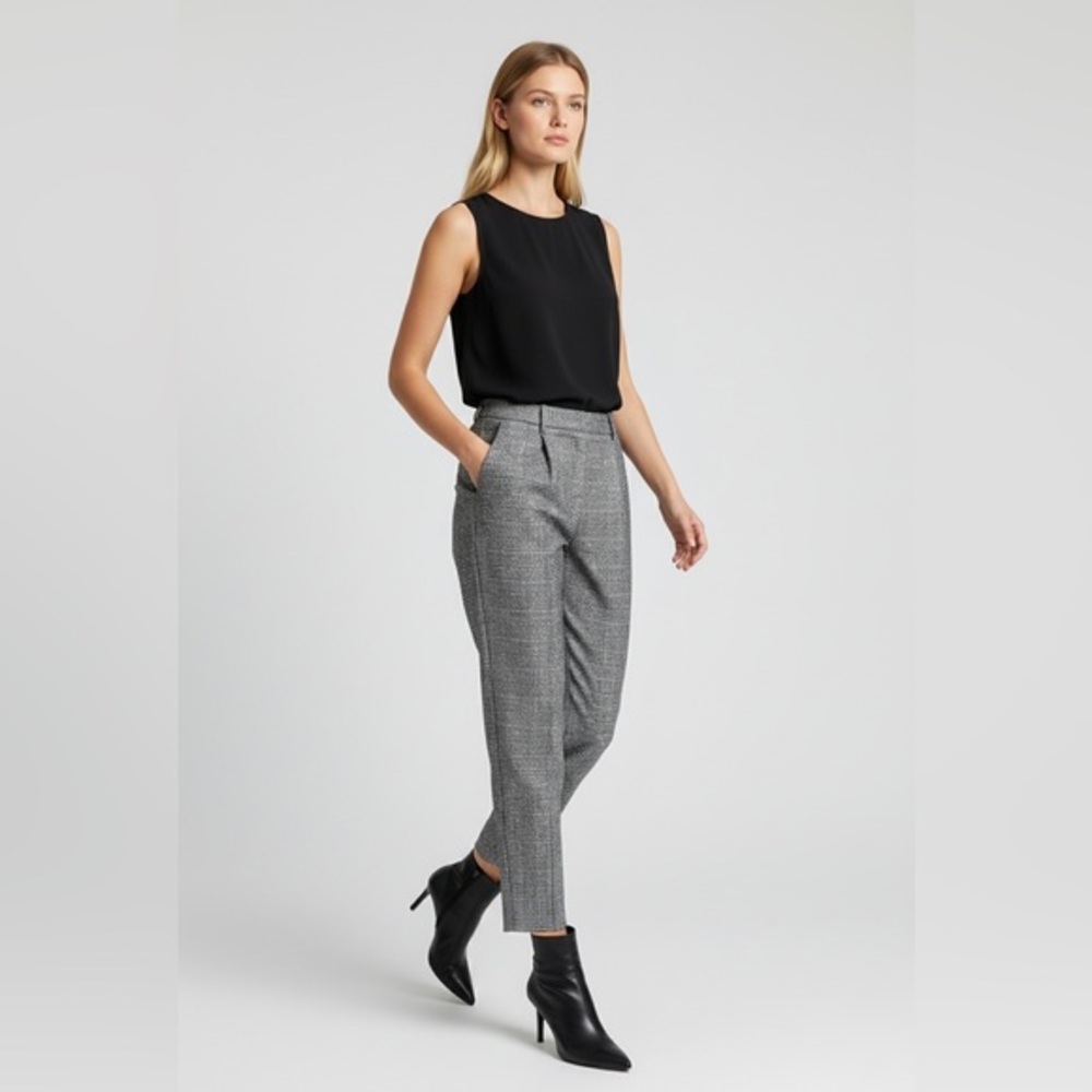 All Saints Black Sleeveless Top with Gray Tailored Trousers
